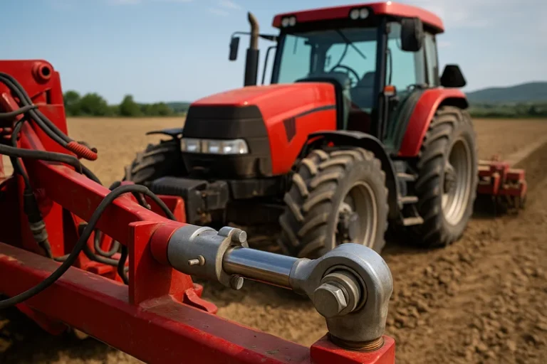 Hydraulic cylinder linkage on farm equipment