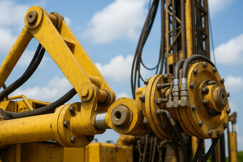 Close-up of drilling rig parts with heavy-duty structural connections.