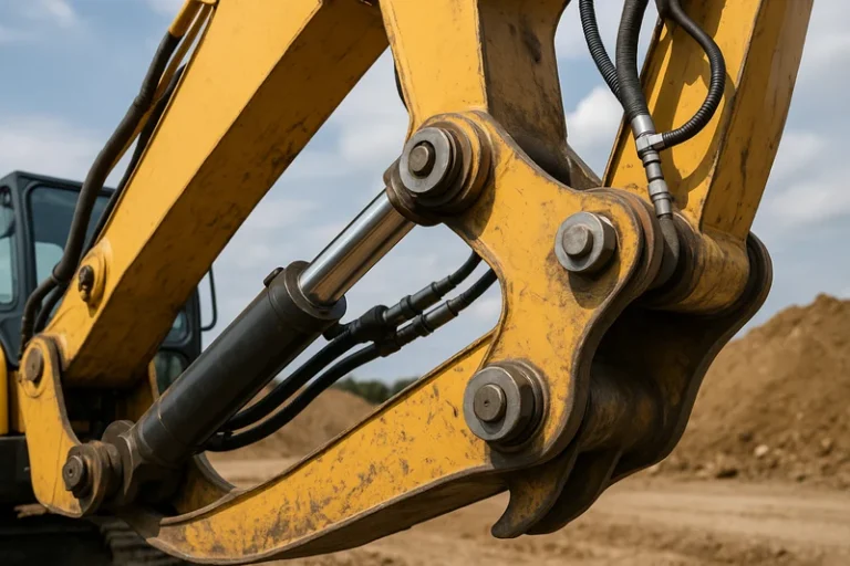 Excavator boom and arm assembly showing precision mechanical joints.
