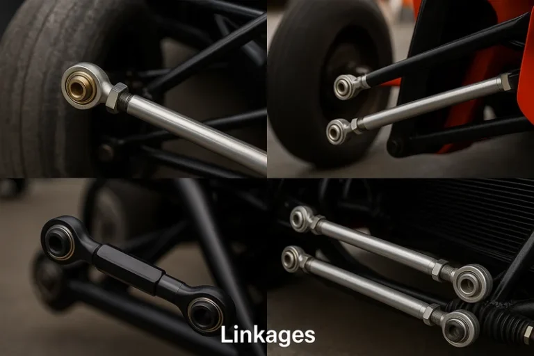 Adjustable racing linkages featuring racing rod ends for flexibility