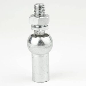 Chrome-plated bolt with a threaded top stud, hex nut, and rounded ball joint on a cylindrical shaft, standing upright against a white background.