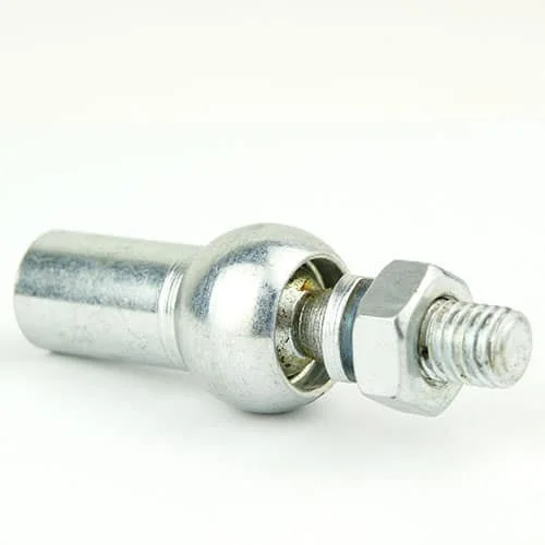 Close-up of a metal bolt with a hex nut and cylindrical coupling on a white background.